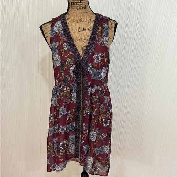 Maurices Floral Sheer Sleeveless Vest - Burgundy And Gray
